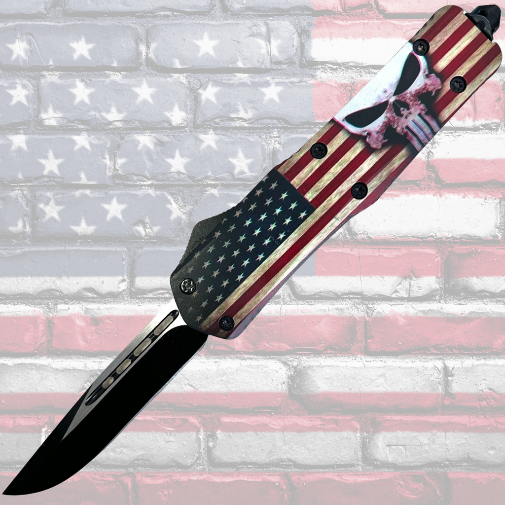 OTF Knife Drop Point American Flag w/Skull
