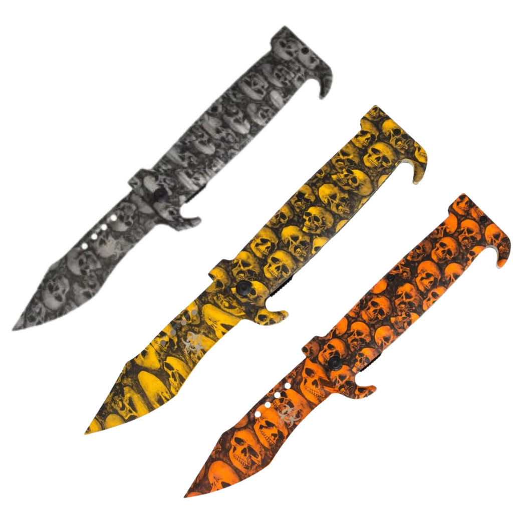 Z-Slayer folding pocket knife with skull design, available in orange, yellow, and silver.