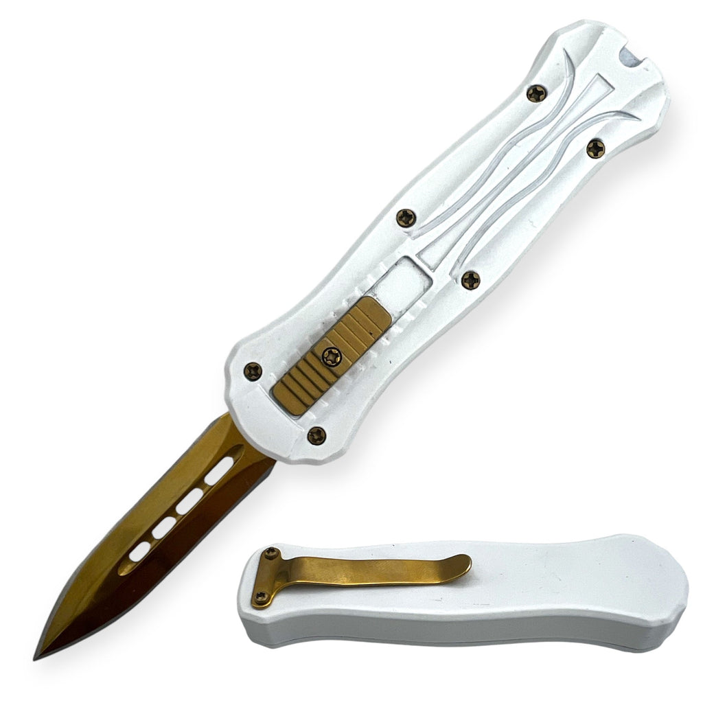 Compact and stylish, this white and gold OTF automatic knife is perfect for everyday carry.