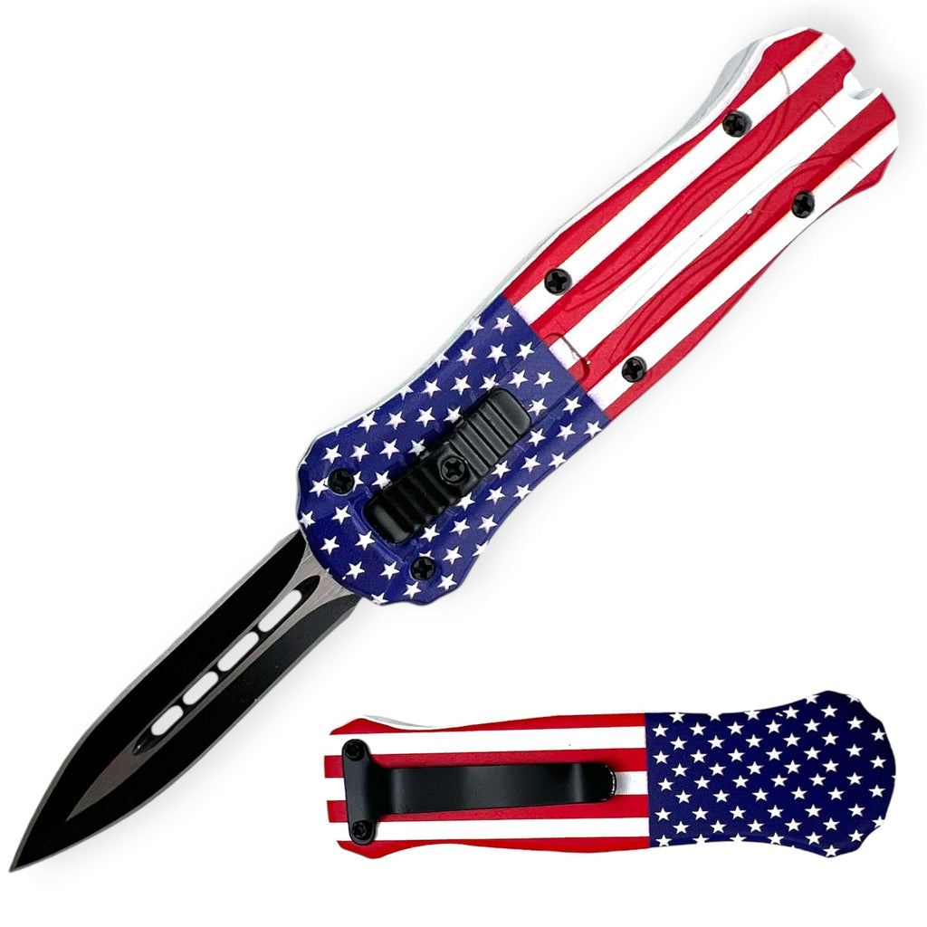 Miniature OTF automatic knife with a red, white, and blue American flag handle, black blade, and black pocket clip.