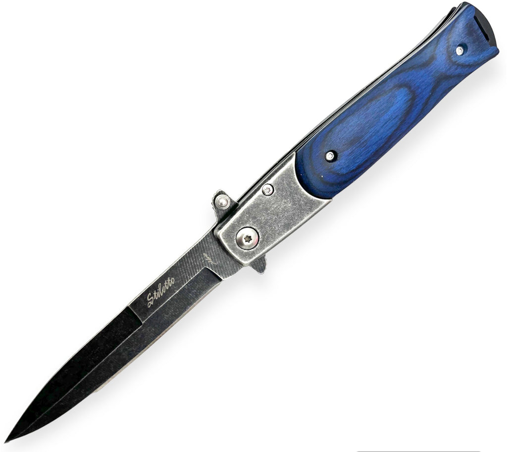 8.75" Spring Assisted Stiletto Stonewash Knife - AnyTime Blades