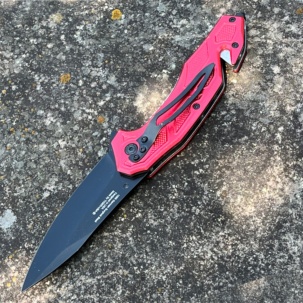 Red Mean Bitch Pocket Knife with Window Breaker and Seatbelt Cutter - AnyTime Blades