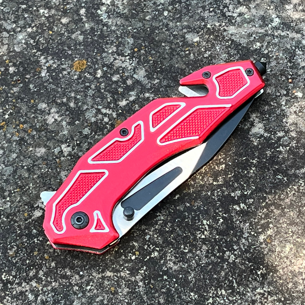 Red Mean Bitch Pocket Knife with Window Breaker and Seatbelt Cutter - AnyTime Blades