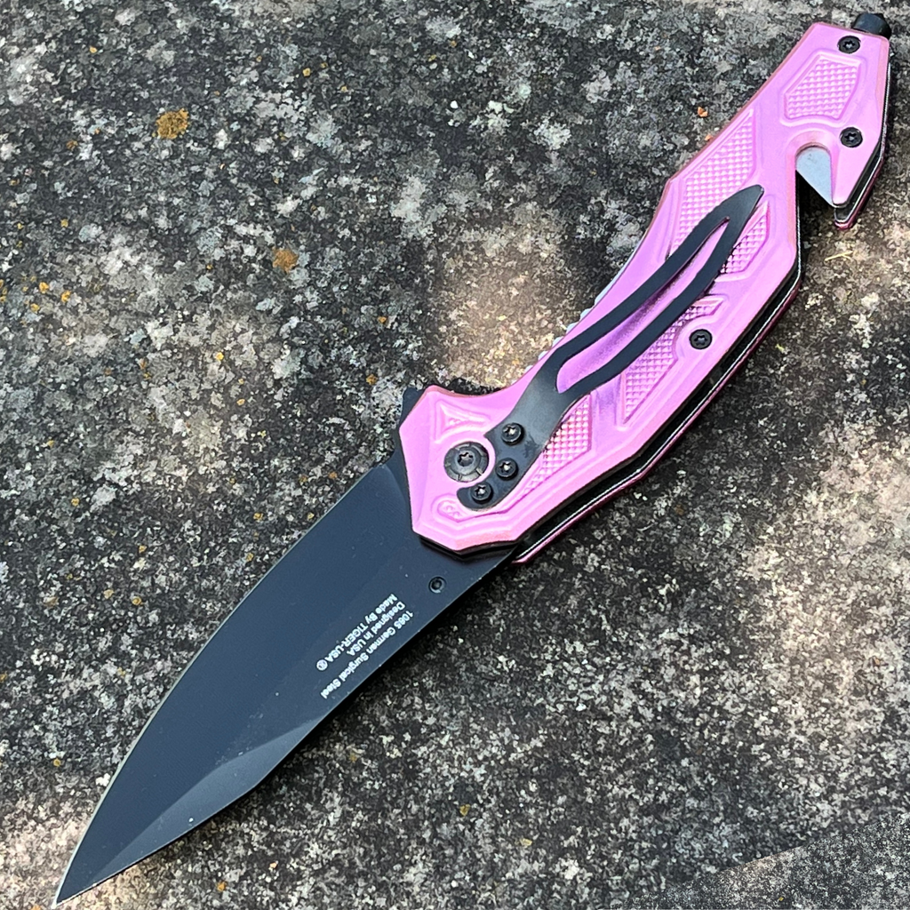 Pink Mean Bitch Pocket Knife with Window Breaker and Seatbelt Cutter - AnyTime Blades