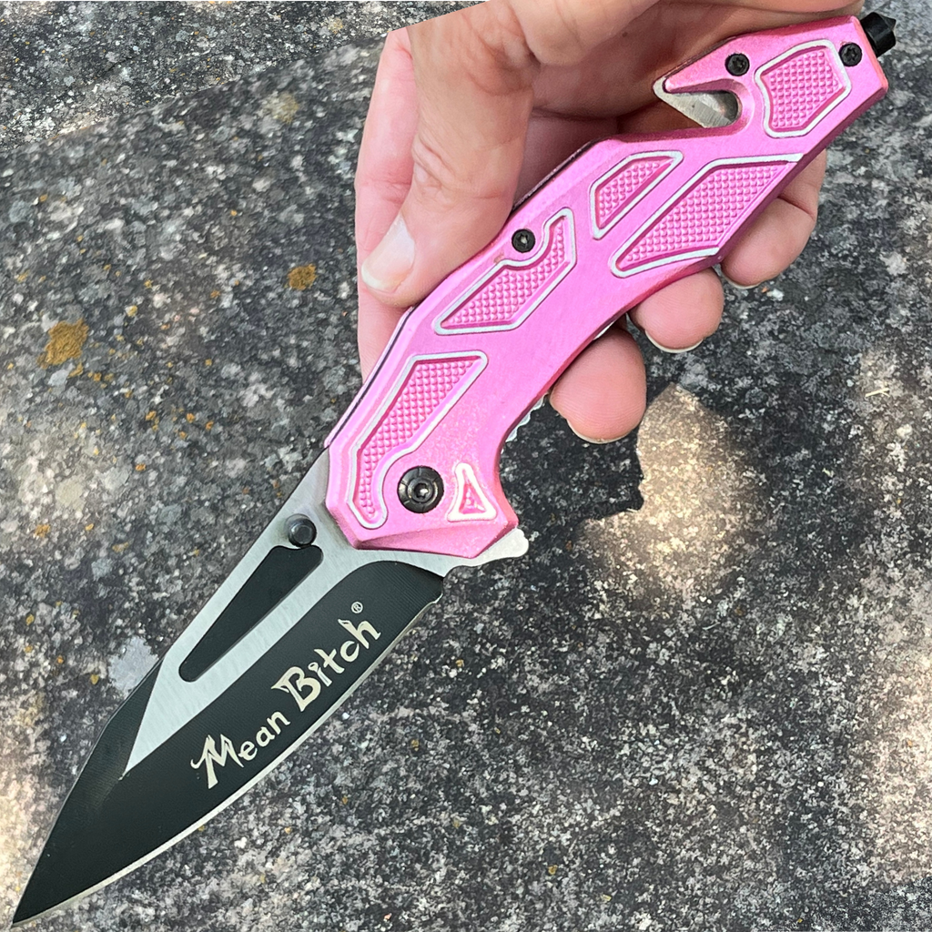 Pink Mean Bitch Pocket Knife with Window Breaker and Seatbelt Cutter - AnyTime Blades