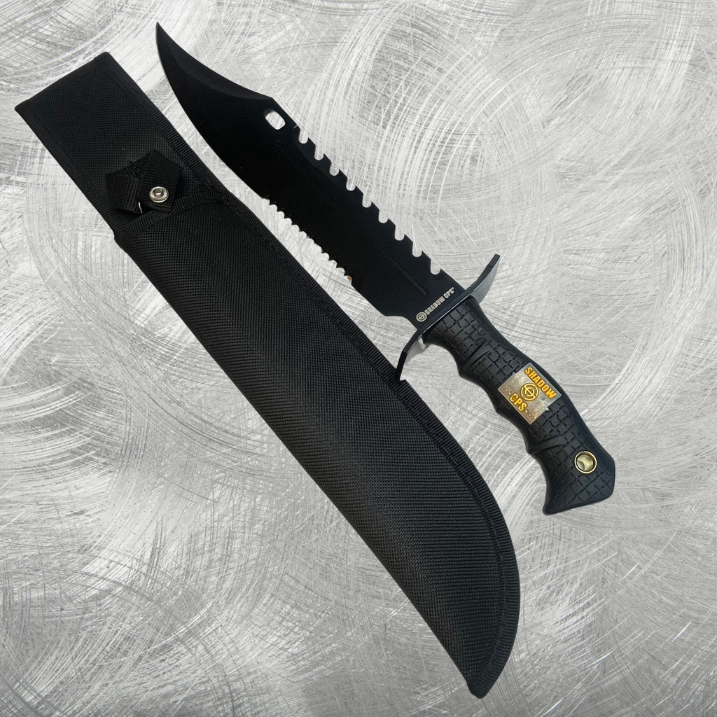 Detailed view of the Shadow Ops Tactical Knife's 11.5" sawback blade, highlighting the serrated and straight edges.