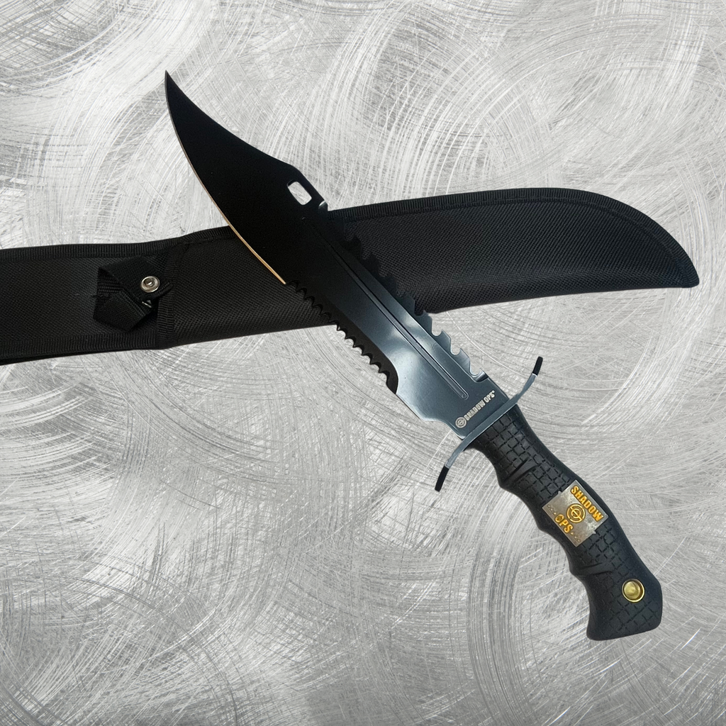 Shadow Ops Tactical Knife with black blade and black handle, displayed alongside its black nylon sheath