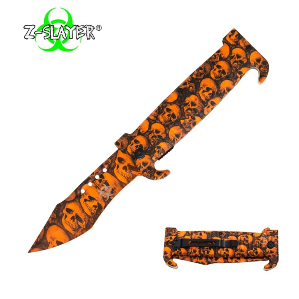 Orange Tactical folding knife with skull pattern