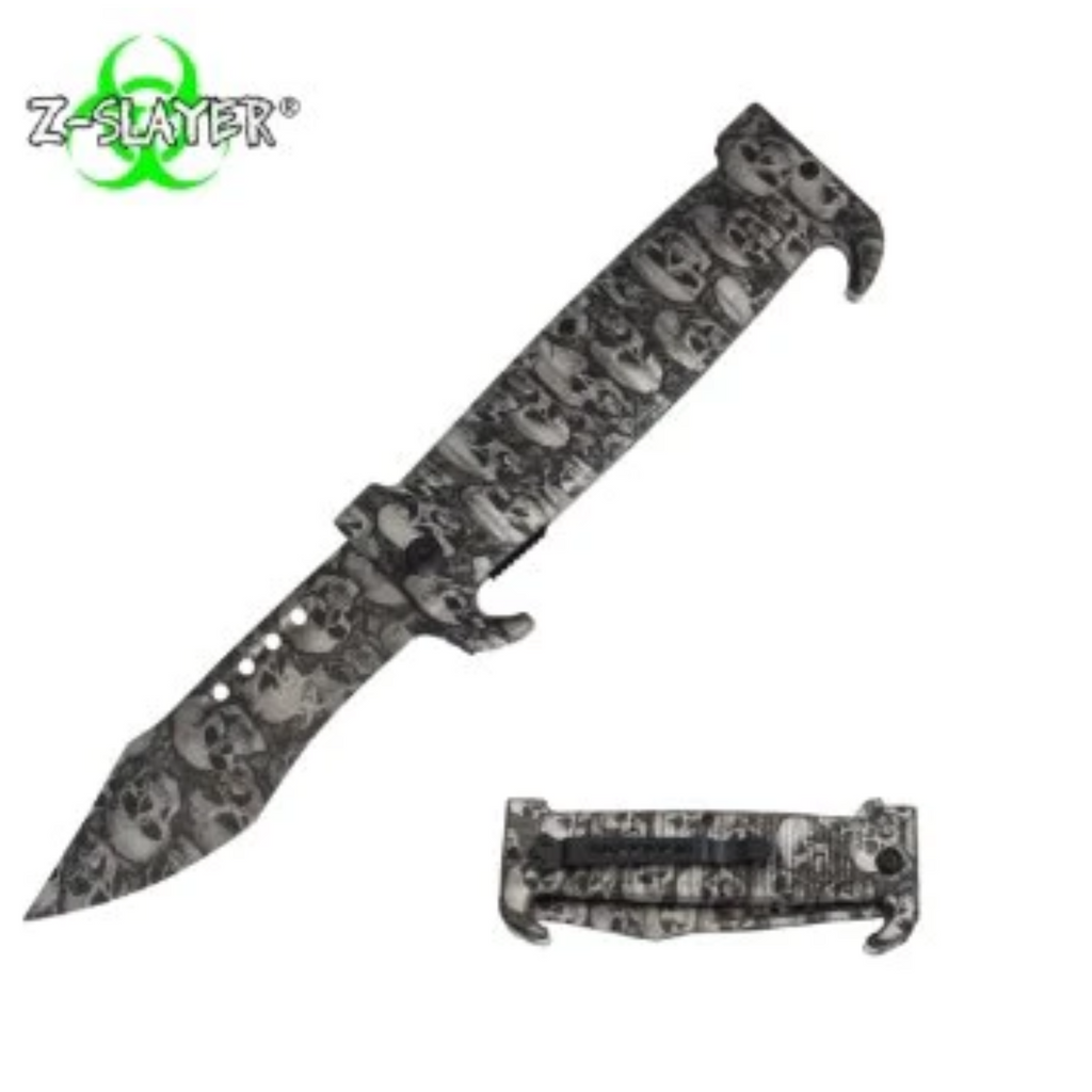 Gray Tactical folding knife with skull pattern