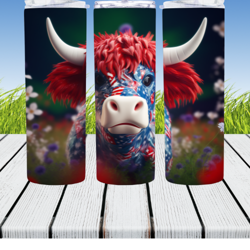3D Patriotic Highland Cow 20oz Tumbler - AnyTime Blades