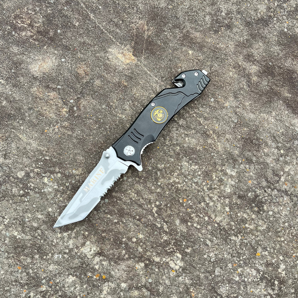 8" Marine Assisted Tactical Rescue Pocket Knife with Black Handle and Half Serrated Camo Tanto Blade - AnyTime Blades