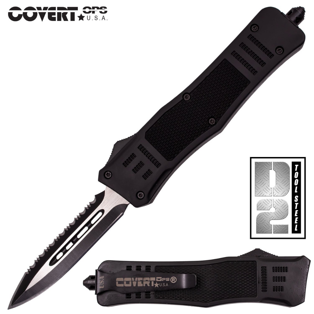 8" Automatic OTF Dagger with Half Serration  Heavy Duty - Black COVERT OPS USA - Lifetime Warranty - AnyTime Blades