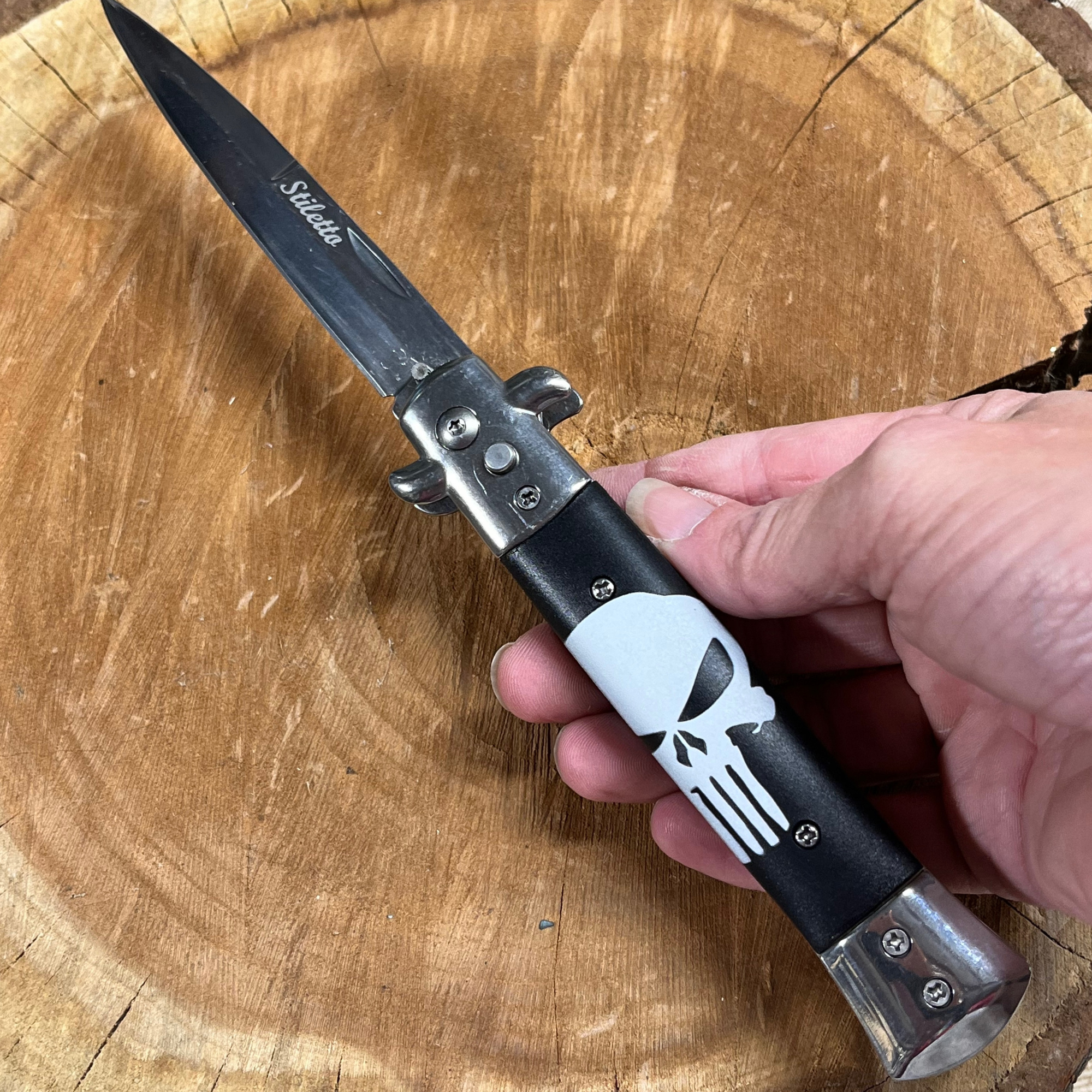 Classic Stiletto Automatic Switchblade Knife - Skull Punisher