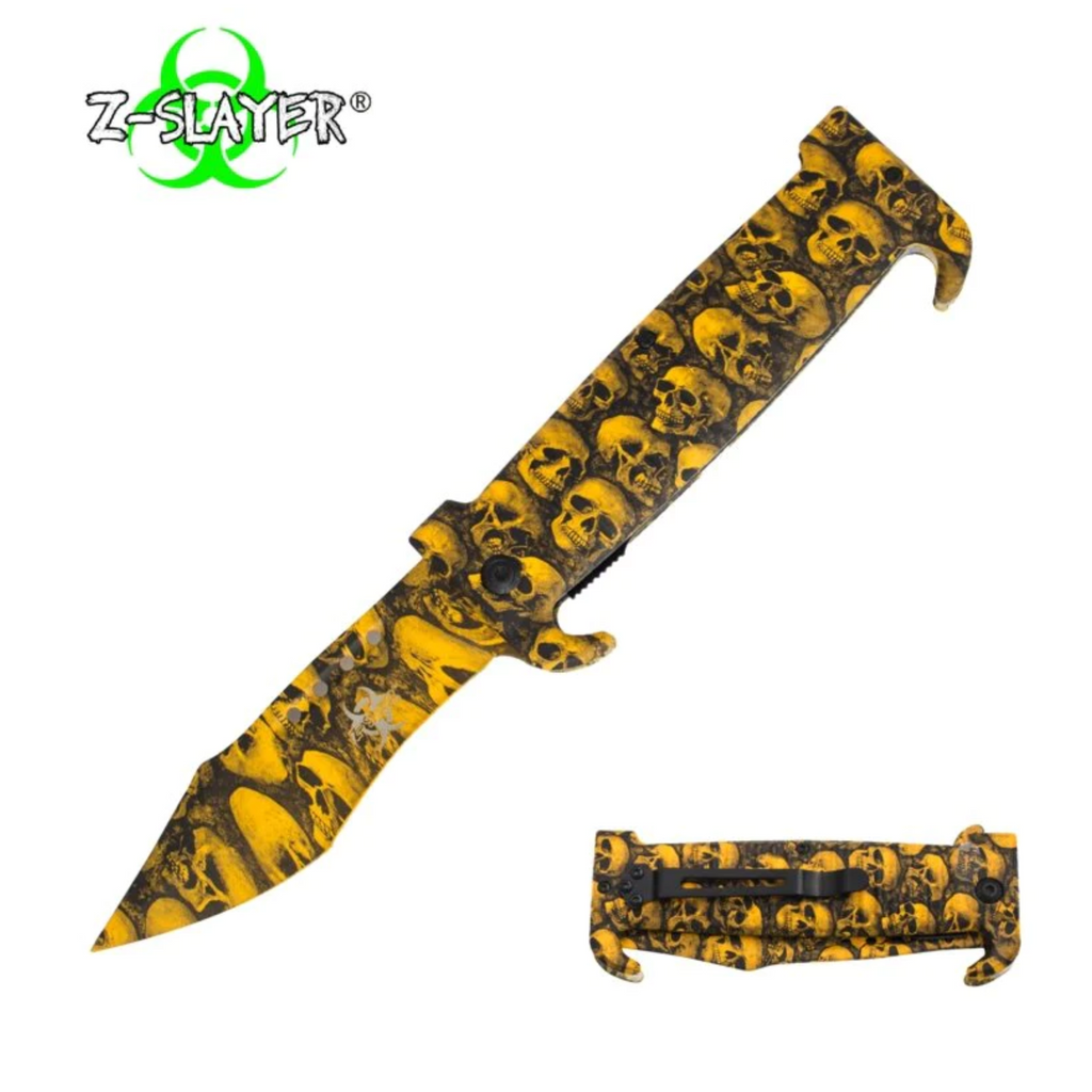 Tactical folding knife with skull pattern Yellow