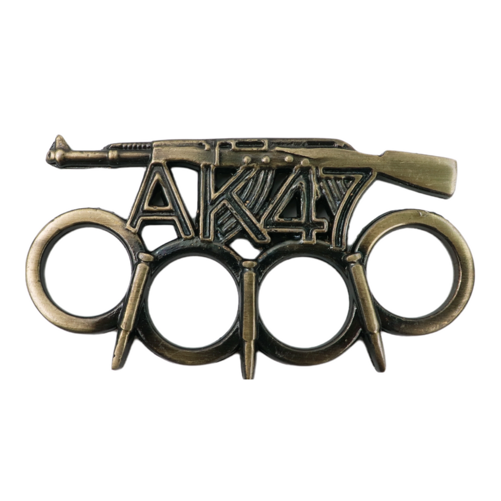 Bullet-spiked brass knuckles inspired by the AK-47 rifle, crafted from solid metal for durability and a distinct look.