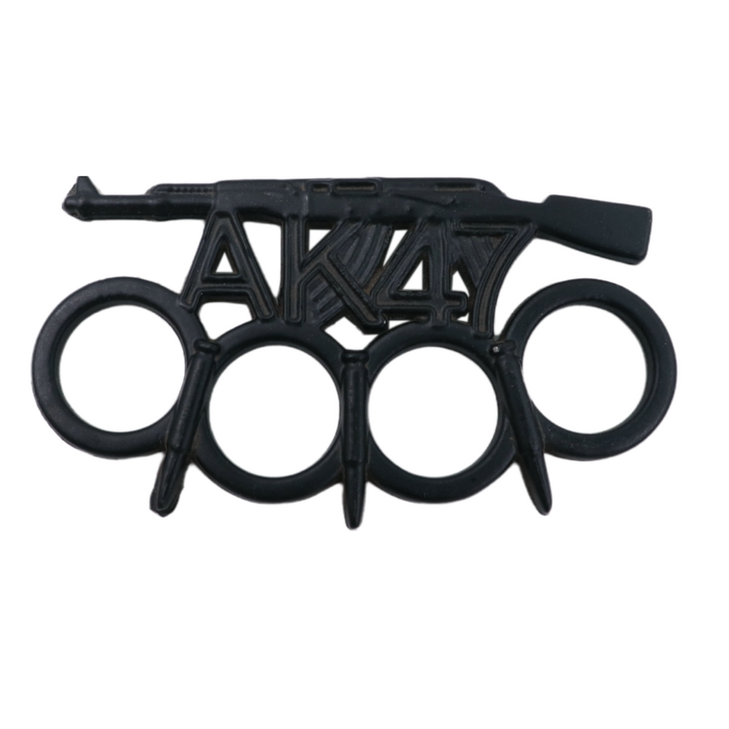 4.25-inch wide, solid metal brass knuckles featuring intricate, handcrafted AK-47 design and bullet-shaped spikes between finger holes