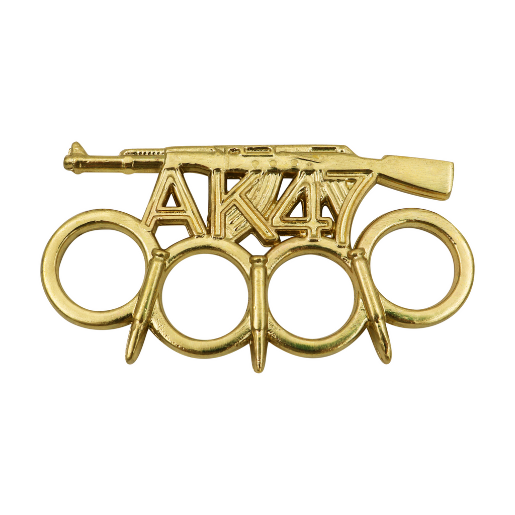 Unique AK-47 brass knuckles made from solid metal, weighing 3.8 ounces and featuring eye-catching bullet-shaped spikes.