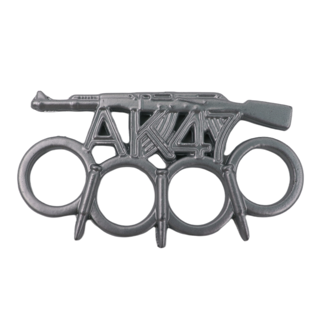 Handcrafted brass knuckles with a detailed AK-47 design, offering a bold and stylish addition to your look.