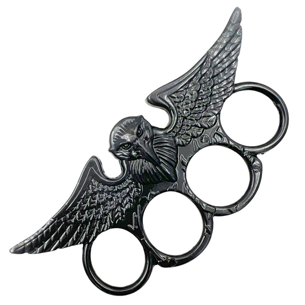 Shiny black brass knuckles with a powerful eagle design, ideal for personal protection or as a collector's item