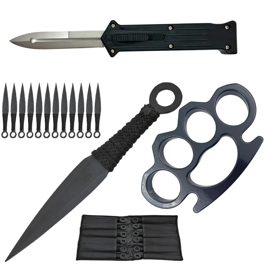 Ninja Kit Complete with 8" Automatic OTF Set with Knuckle Dusters, and 12 Piece Throwing Knives Black - AnyTime Blades