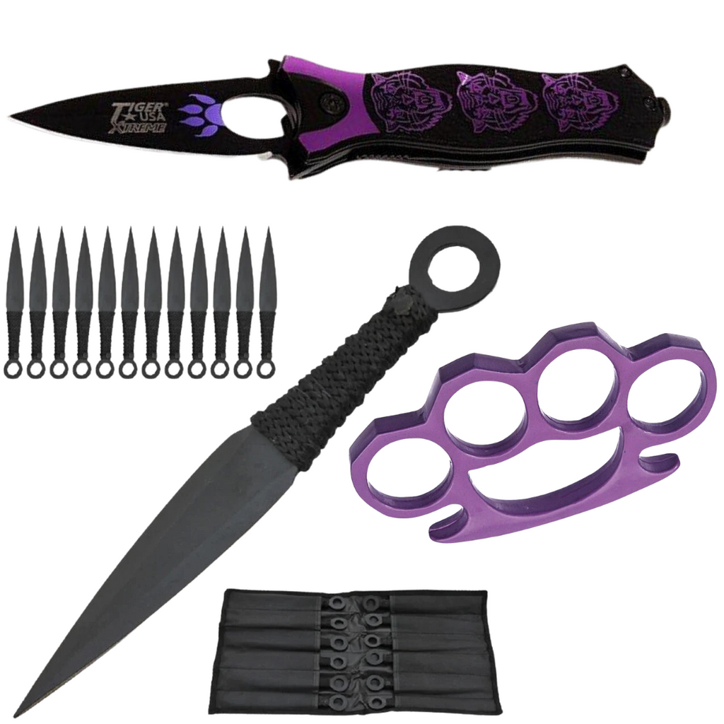 Self-Defense Kit 8" Stiletto with Knuckle Dusters, and 12 Piece Throwing Knives Purple - AnyTime Blades