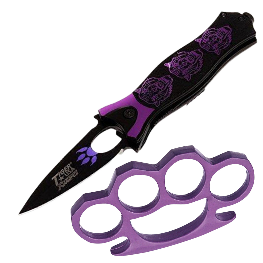 Self-Defense Kit 8" Stiletto with Knuckle Duster Purple - AnyTime Blades
