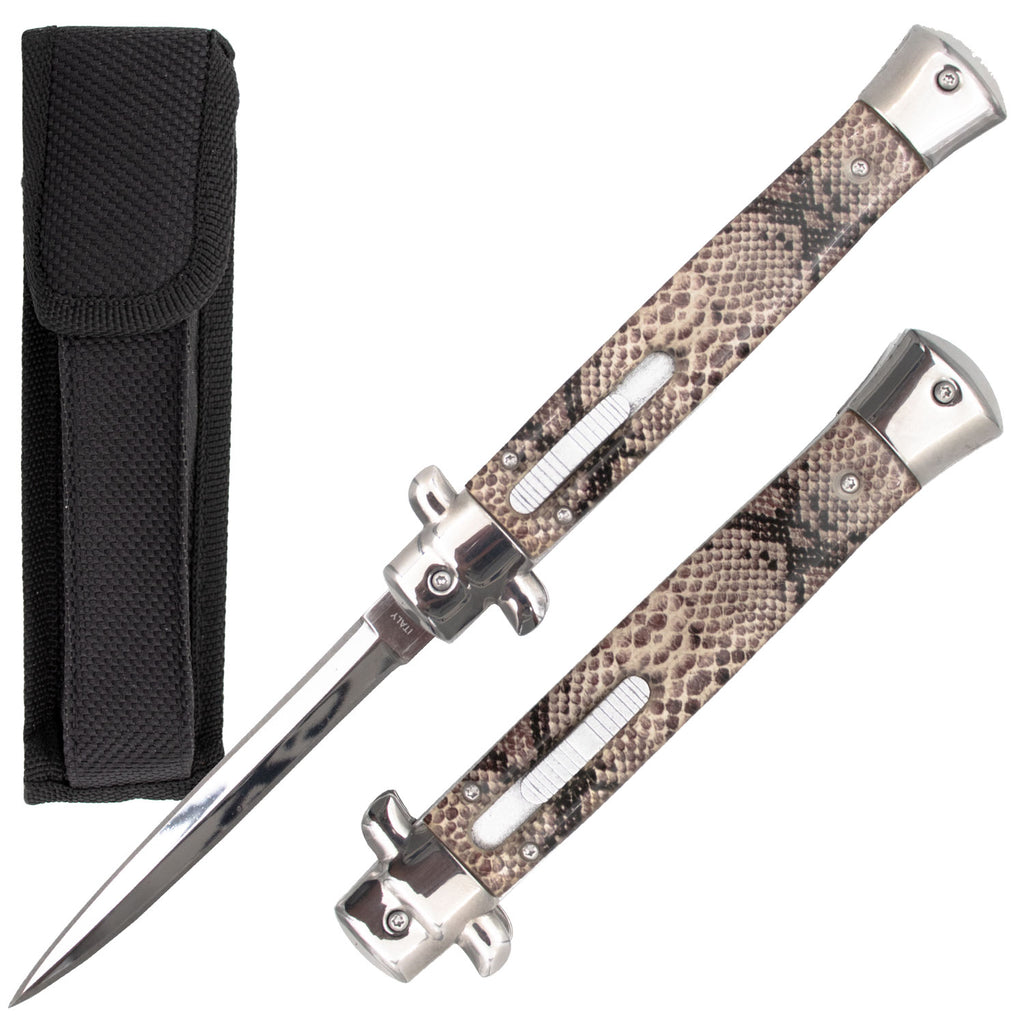 10 Inch Automatic OTF Stiletto Available in Blue Pearl, White Pearl, Wood, Golden Pearl, and Snake Skin Acrylic Handles - AnyTime Blades