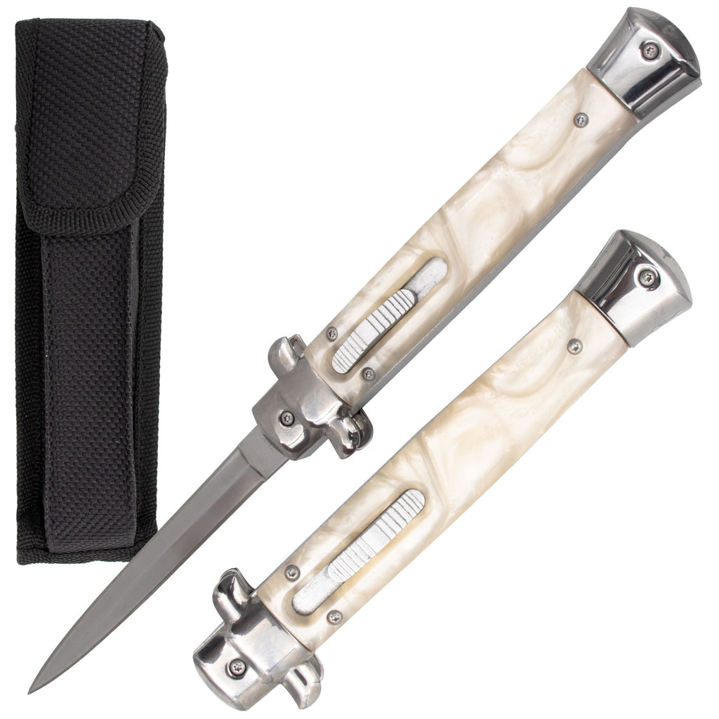 10 Inch Automatic OTF Stiletto Available in Blue Pearl, White Pearl, Wood, Golden Pearl, and Snake Skin Acrylic Handles - AnyTime Blades