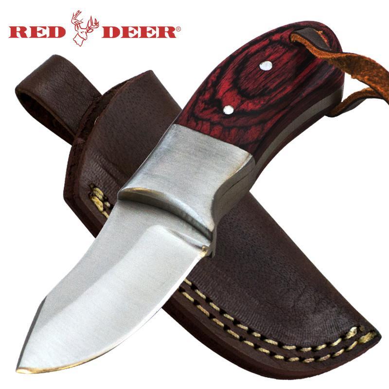 4.5" Red Deer MINI Full Tang Red Pakka Wood Hunting Knife with Leather Sheath - AnyTime Blades