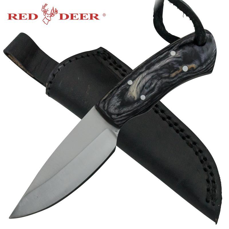 5.5" Red Deer Full Tang Black Pakka Wood Hunting Knife with Leather Sheath - AnyTime Blades