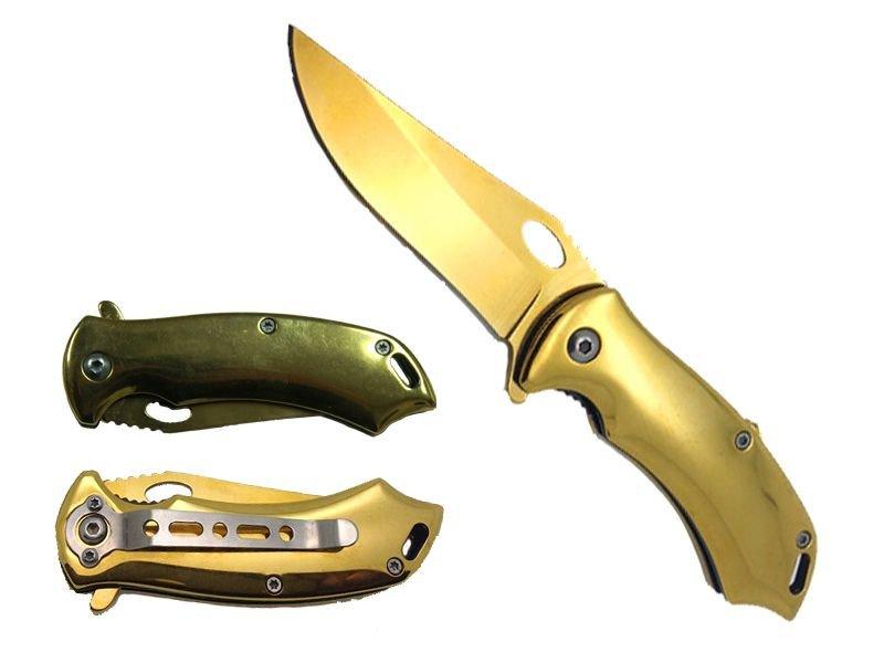 6.5" All Gold Ballistic Assisted Open Pocket Knife with Belt Clip - AnyTime Blades