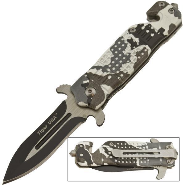 6"Assisted Opening Folding Pocket Knife with Belt Cutter and Window Breaker - Black & White Camo Handle - AnyTime Blades