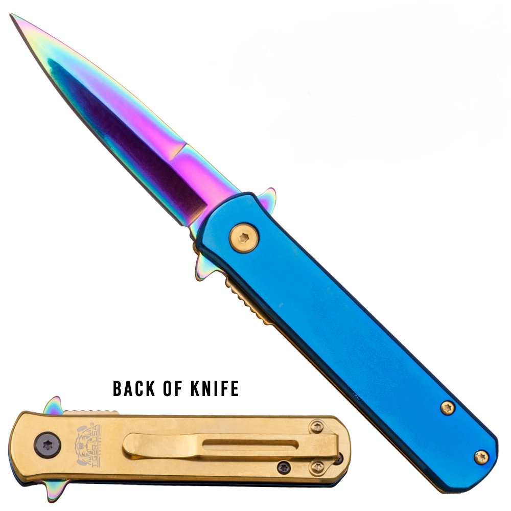 7" Assisted Open Tactical Pocket Knife Steel Titanium Blade Blue Gold Handle - AnyTime Blades