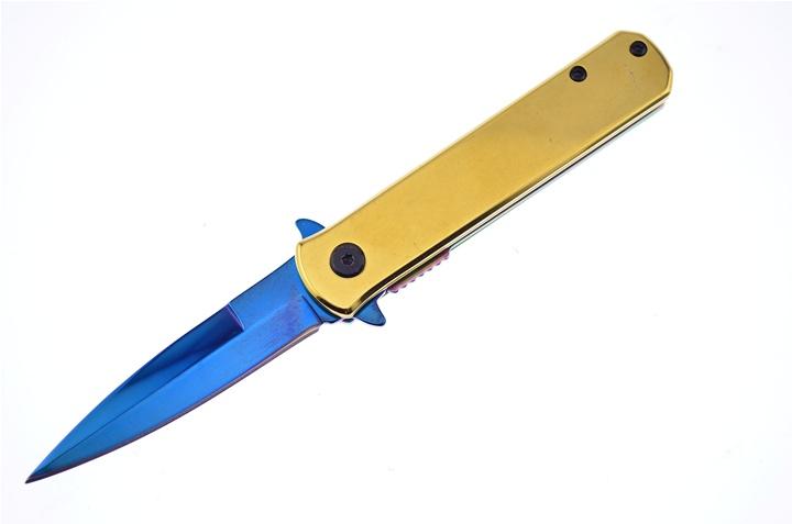 7" Assisted Open Tactical Pocket Knife with Steel Blue Blade and Gold Handle - AnyTime Blades