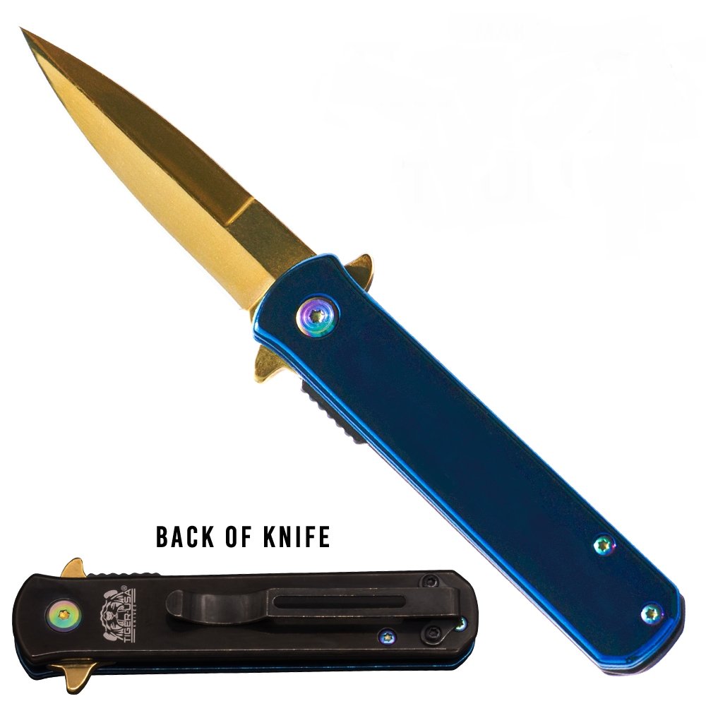 7" Assisted Open Tactical Pocket Knife with Steel Gold Blade and Blue and Black Handle - AnyTime Blades