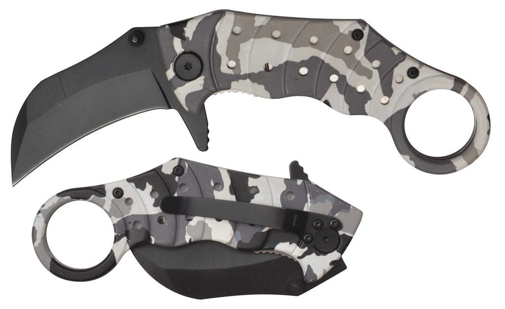 7" Hawk Bill Black & White Camo Handle with Black Blade Assisted Opening Pocket Knife - AnyTime Blades
