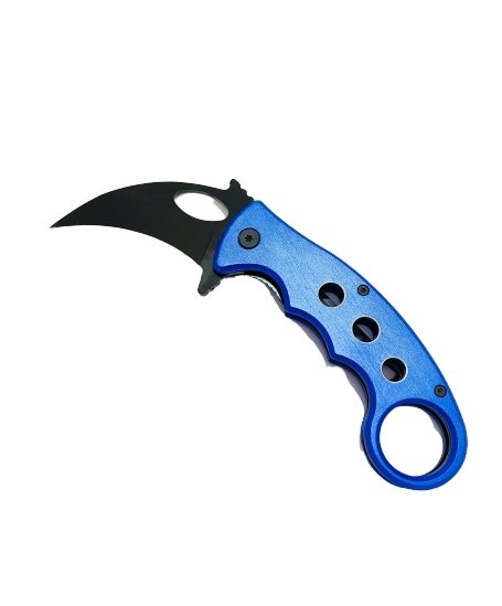 7" Hawk Bill Blue Metal Handle Black Blade Assisted Open Pocket Knife - AnyTime Blades