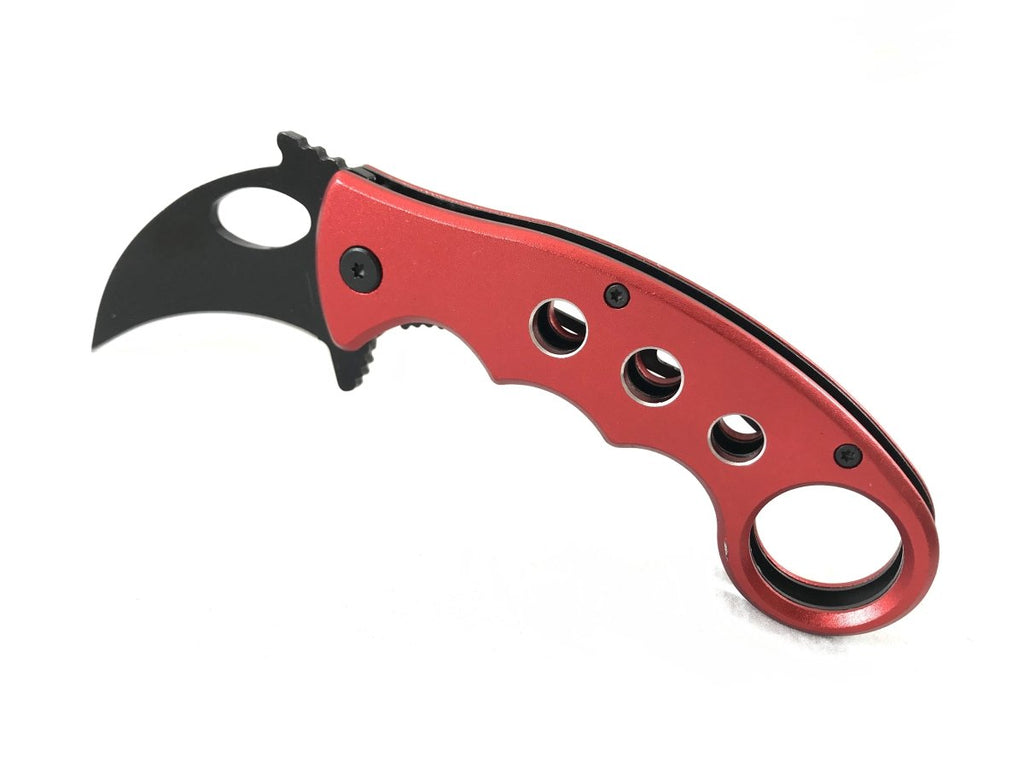 7" Hawk Bill Red Metal Handle Black Blade Assisted Open Pocket Knife Belt Clip - AnyTime Blades