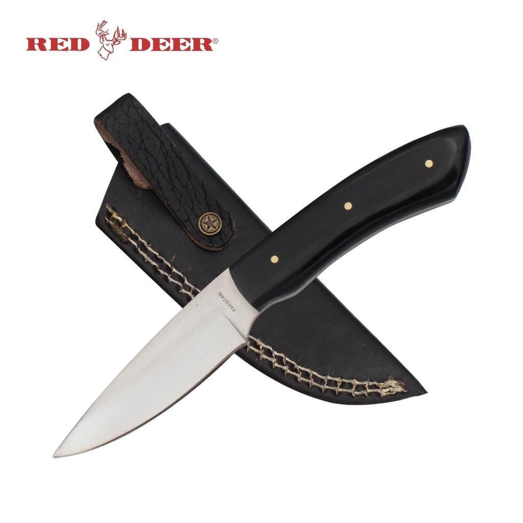 7" Red Deer Full Tang Game Skinner Black Acrylic Handle Hunting Knife with Leather Sheath - AnyTime Blades