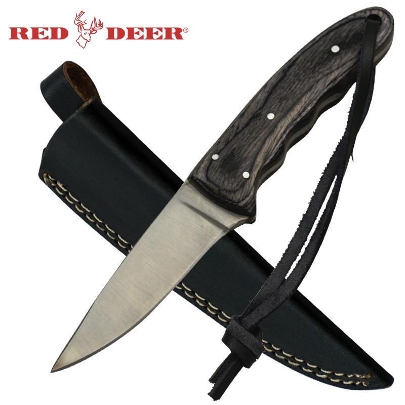 7.5" Red Deer Full Tang Game Skinner Gray Pakka Wood Hunting Knife with Leather Sheath - AnyTime Blades