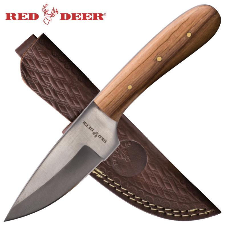 7.5" Red Deer Full Tang Light Pakka Wood Hunting Knife with Leather Sheath - AnyTime Blades