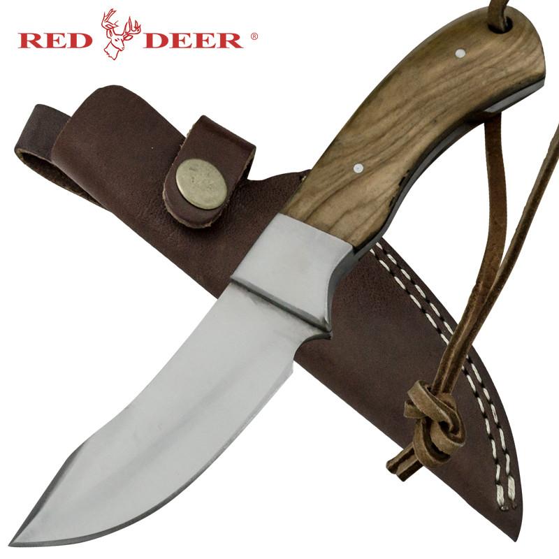 7.5" Red Deer Full Tang Moose Hide Skinner Pakka Wood Hunting Knife with Leather Sheath - AnyTime Blades