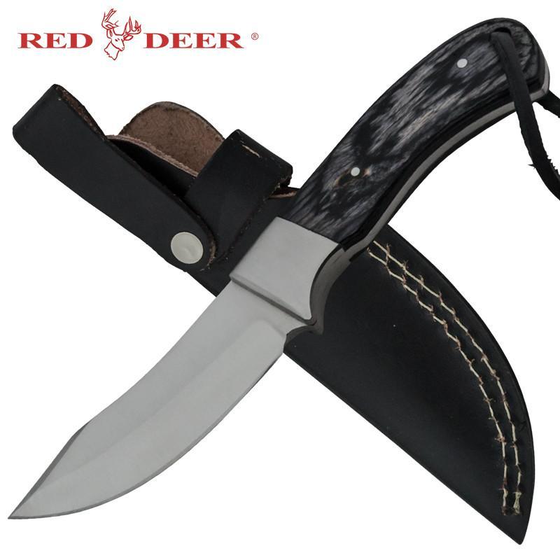 7.5" Red Deer Full Tang Raw Game Skinner Pakka Wood Hunting Knife with Leather Sheath - AnyTime Blades