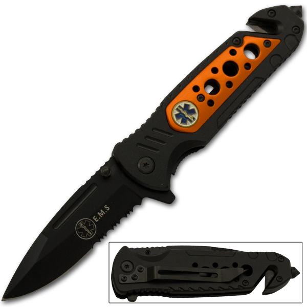 8" Black EMS Handle Assisted Opening Rescue Pocket Knife - AnyTime Blades