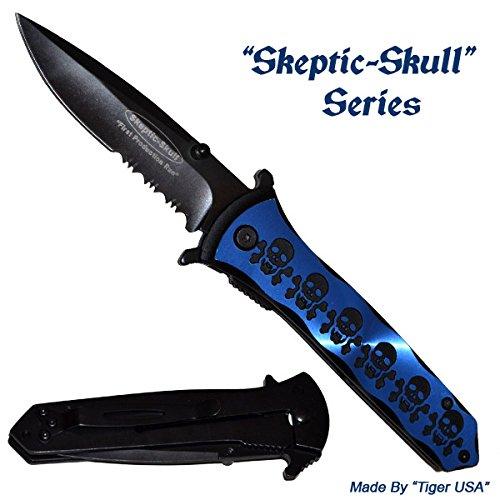 8" Blue Skulls Handle Assisted Opening Pocket Knife - AnyTime Blades