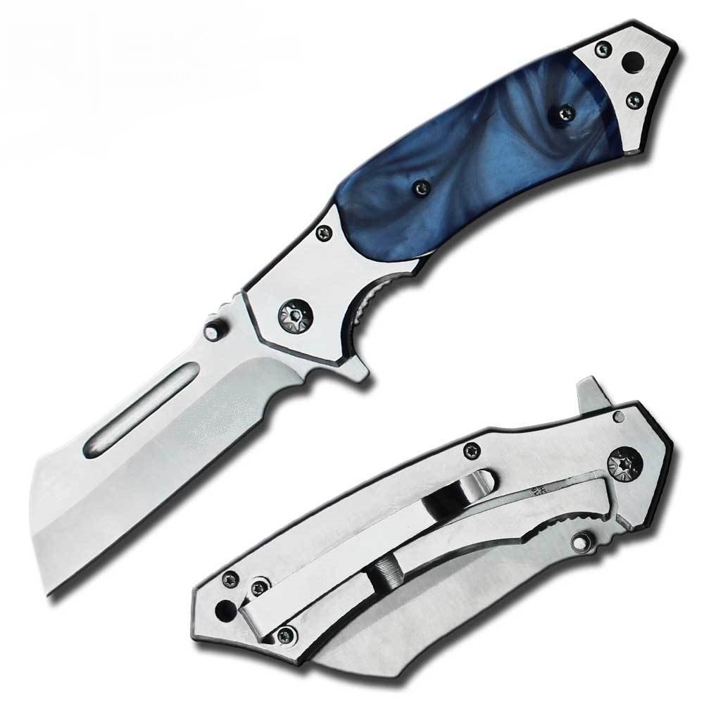 8 Inch Pocket Cleaver Assisted Open Pocket Knife with Blue Handle - AnyTime Blades