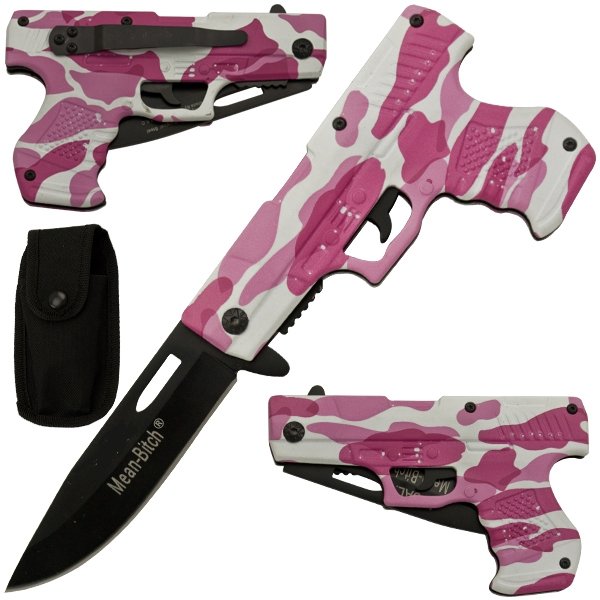 8" Mean Bitch Assisted Opening Pocket Knife with Pink & White Camo Handle and Black Blade - AnyTime Blades