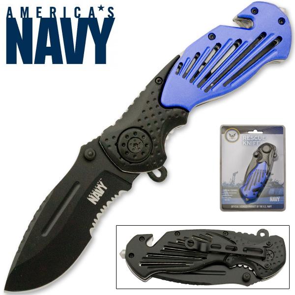 8" Officially Licensed U.S. Navy Blue Handle Assisted Opening Tactical Rescue Pocket Knife - AnyTime Blades