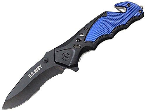 8" Officially Licensed U.S. Navy Blue Handle Assisted Opening Tactical Rescue Pocket Knife - AnyTime Blades
