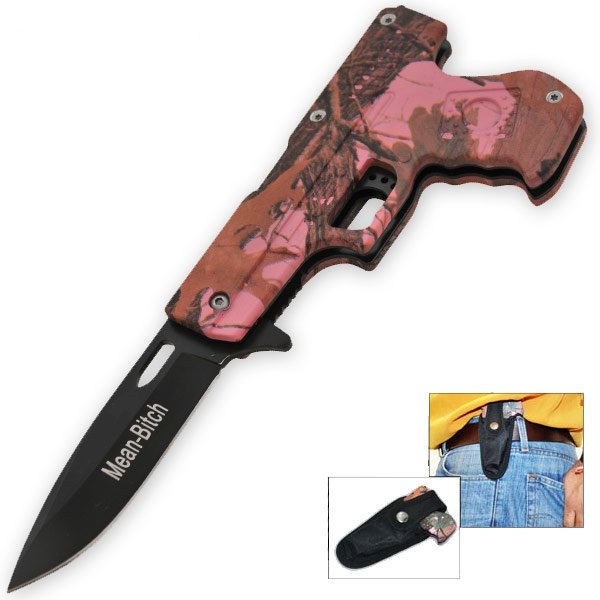 8" Pink Camo MEAN BITCH Folding Pocket Knife - AnyTime Blades